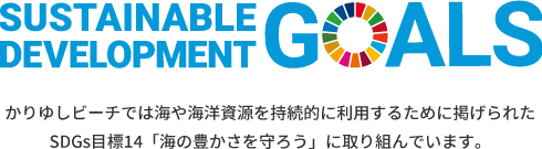 SDG's かりゆしビーチでは海や海洋資源を持続的に利用するために掲げられた
SDGs目標14「海の豊かさを守ろう」に取り組んでいます。